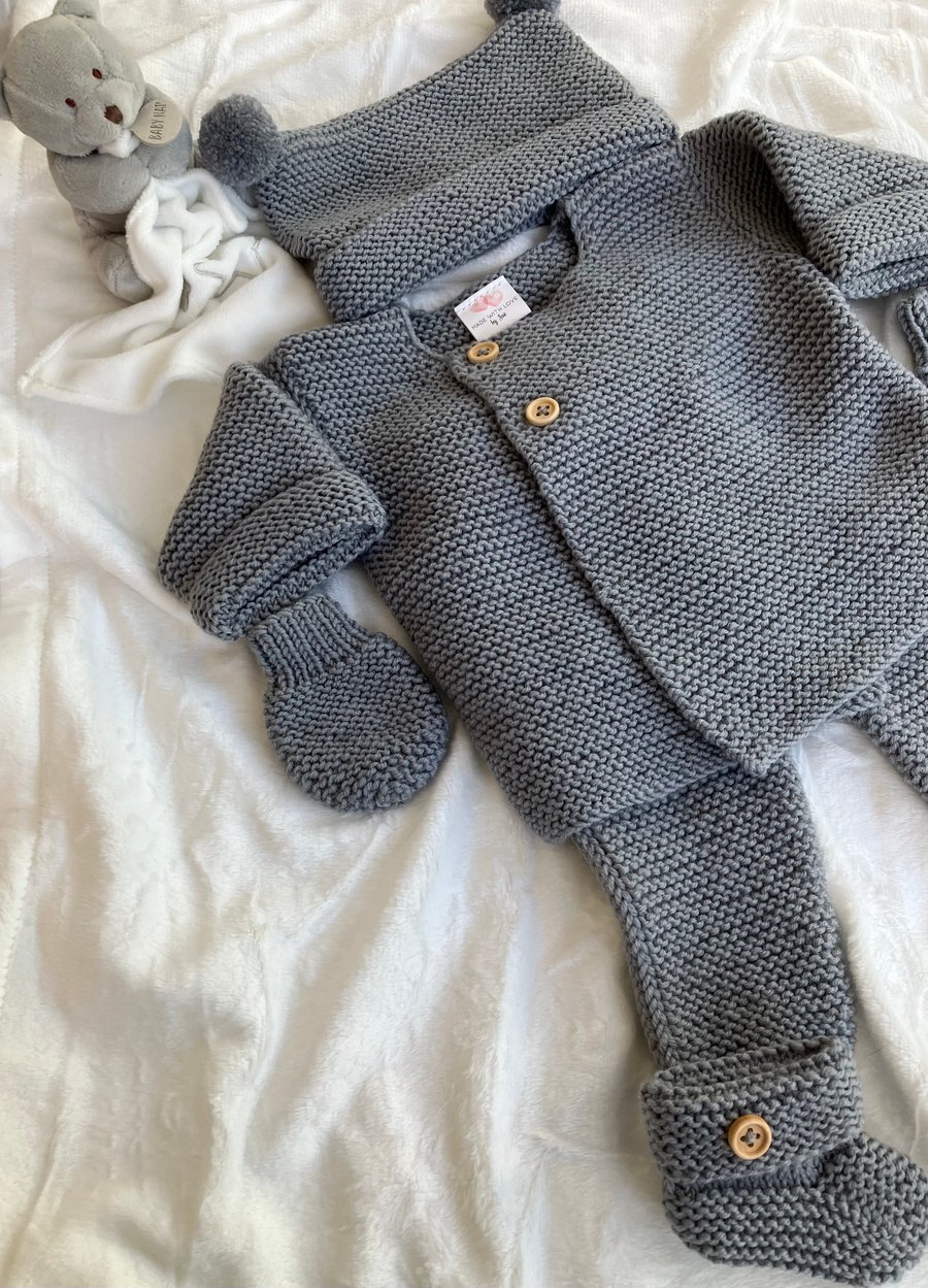 Hand Knitted Baby Boy's Complete "Coming Home" Matinee Set (newborn)