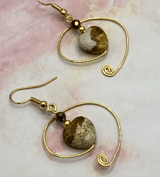 Wirework spiral earrings with picture jasper stone hearts
