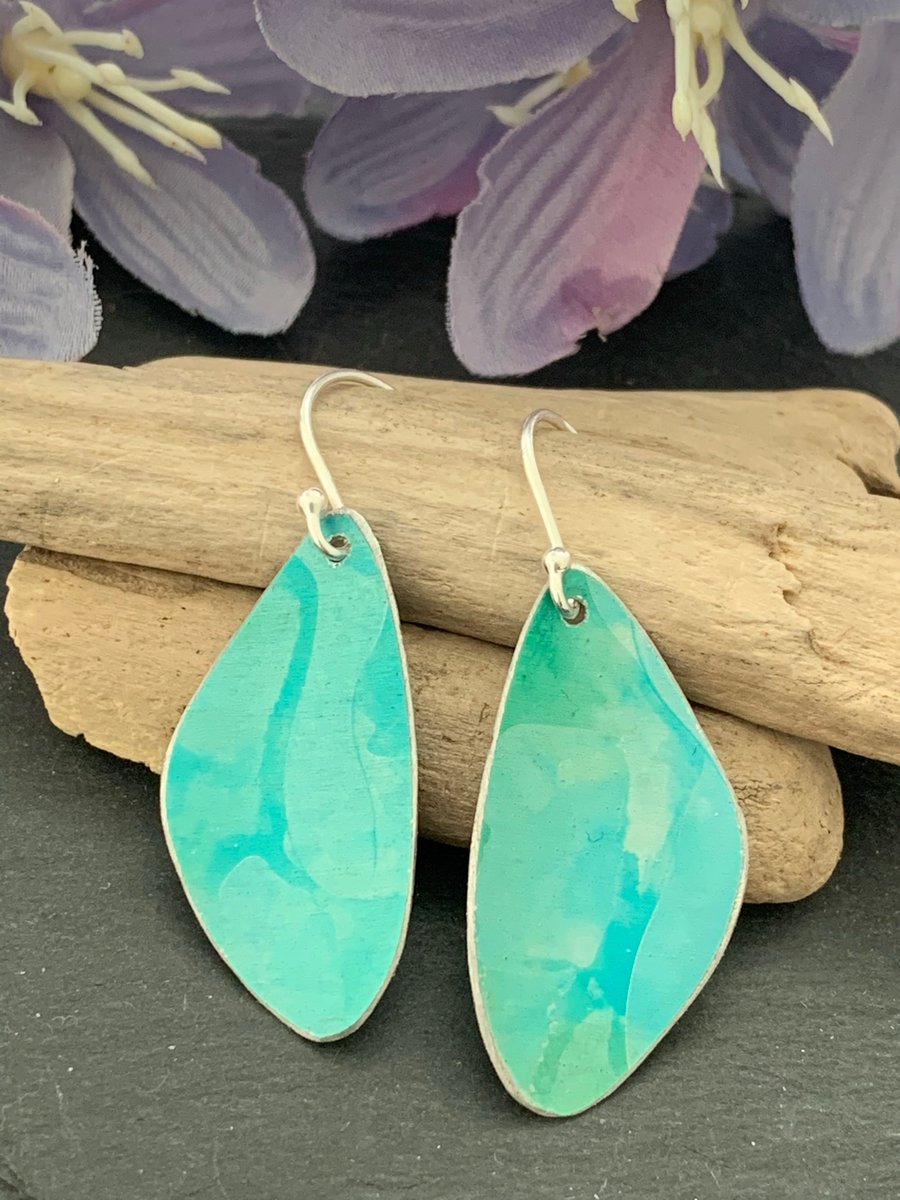 Printed Aluminium and sterling silver earrings -Green 