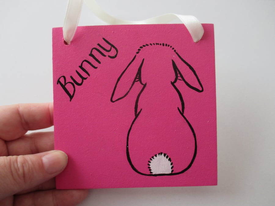 Bunny Rabbit Hand Painted Wooden Plaque White Hanging Decoration Pink Lop