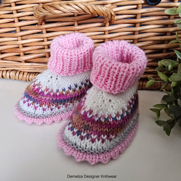 Designer Fairisle 95% % 100% Merino Wool Booties 3-9 months size