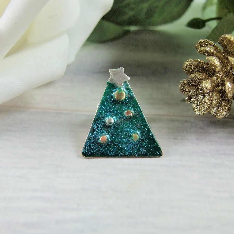 Festive Brooch. Green Enamel, Copper & Sterling Silver Christmas Tree Lapel Pin 