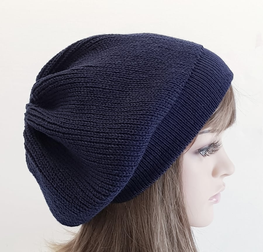 Handmade knitted navy blue beret, fall tam, slouchy beanie hat for women