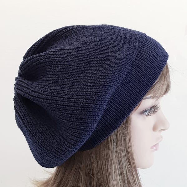 Handmade knitted navy blue beret, fall tam, slouchy beanie hat for women