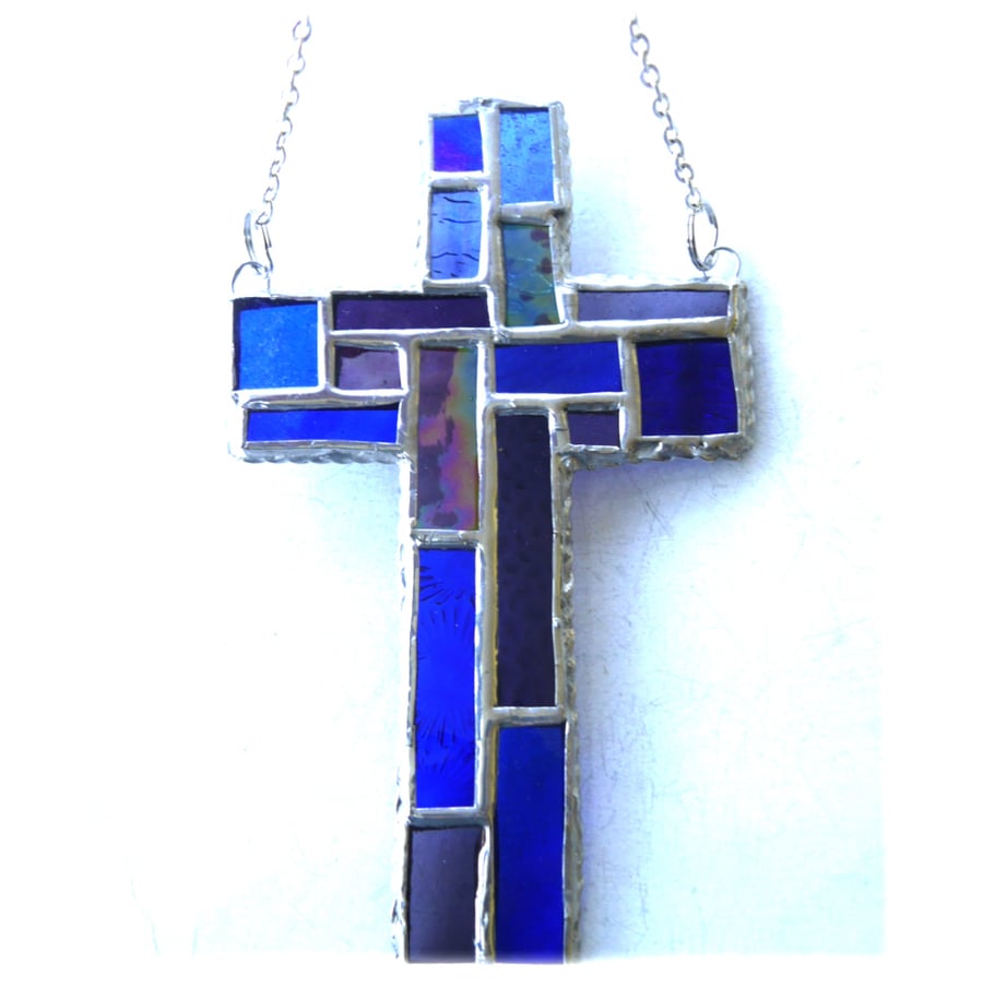 Cross Suncatcher Stained Glass Patchwork Blue Purple Handmade 