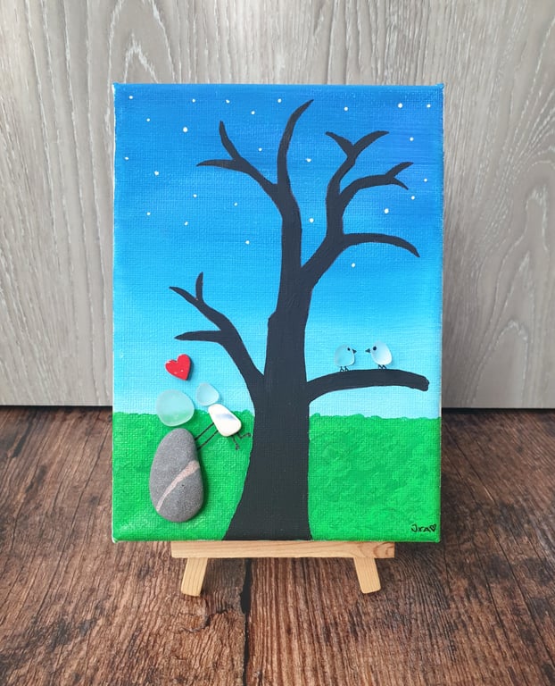 Pebble, sea glass and sea pottery canvas art "FAMILY" 