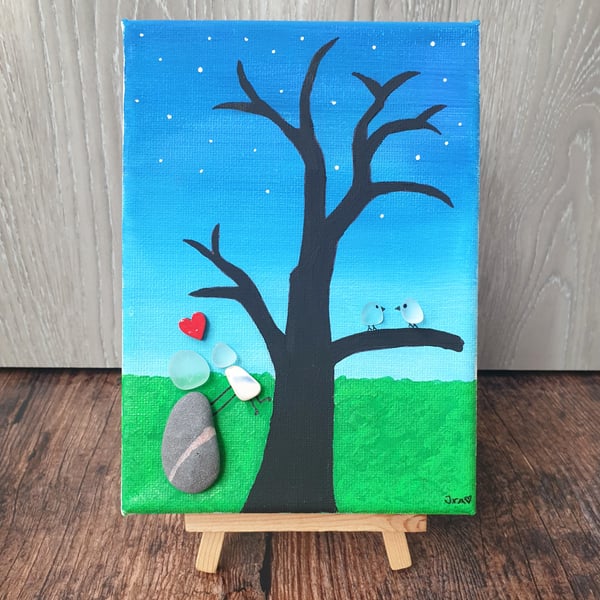 Pebble, sea glass and sea pottery canvas art "FAMILY" 