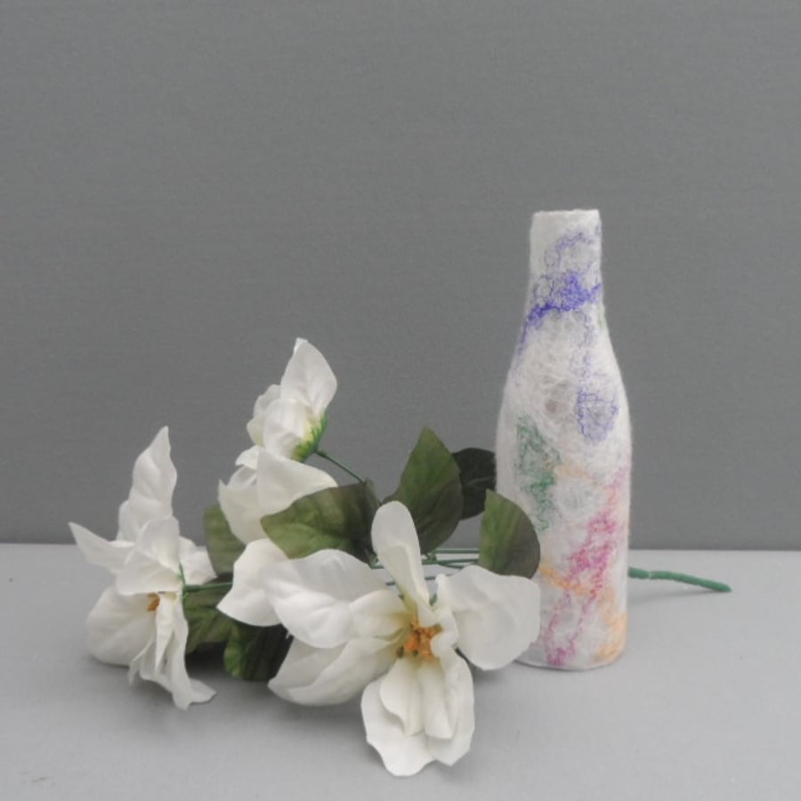 Cobweb felted glass vase, white with multicoloured silk strands