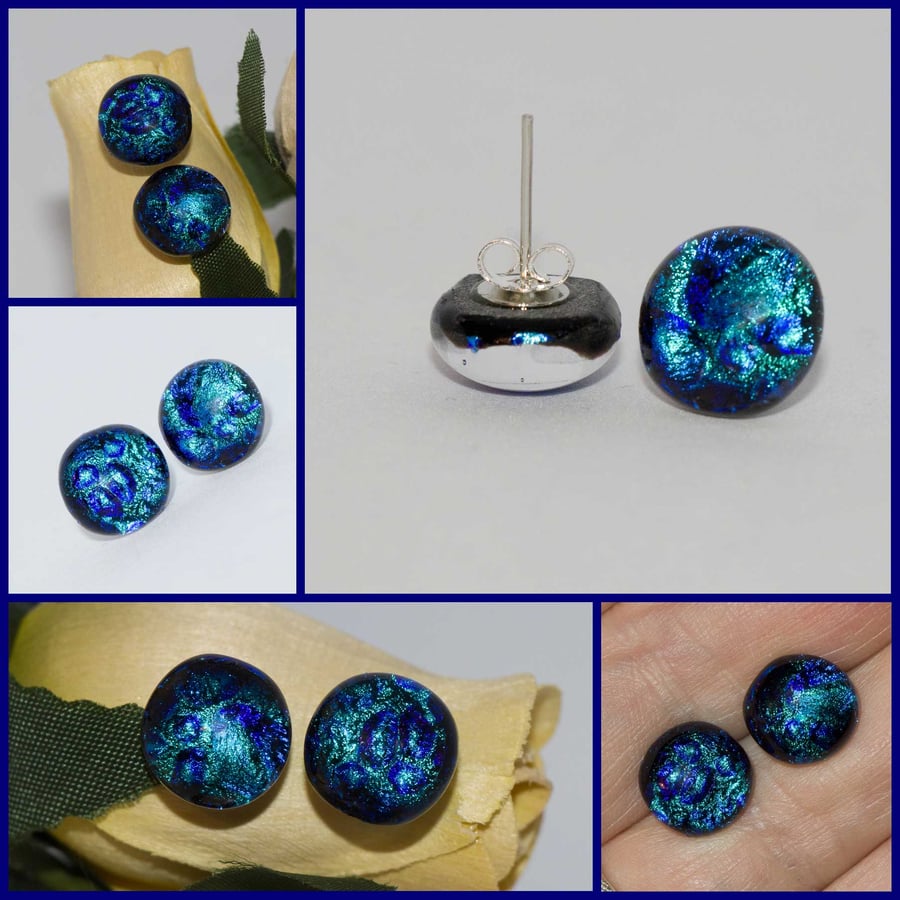 Dichroic Glass Earrings in Shades of Blue. Sterling Silver Studs - 2108