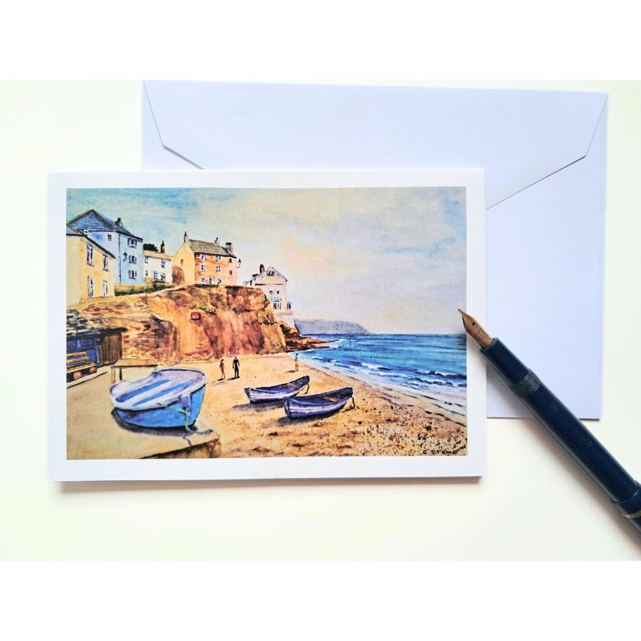 Blank greetings card The Beach Cawsand Cornwall from original painting size A6