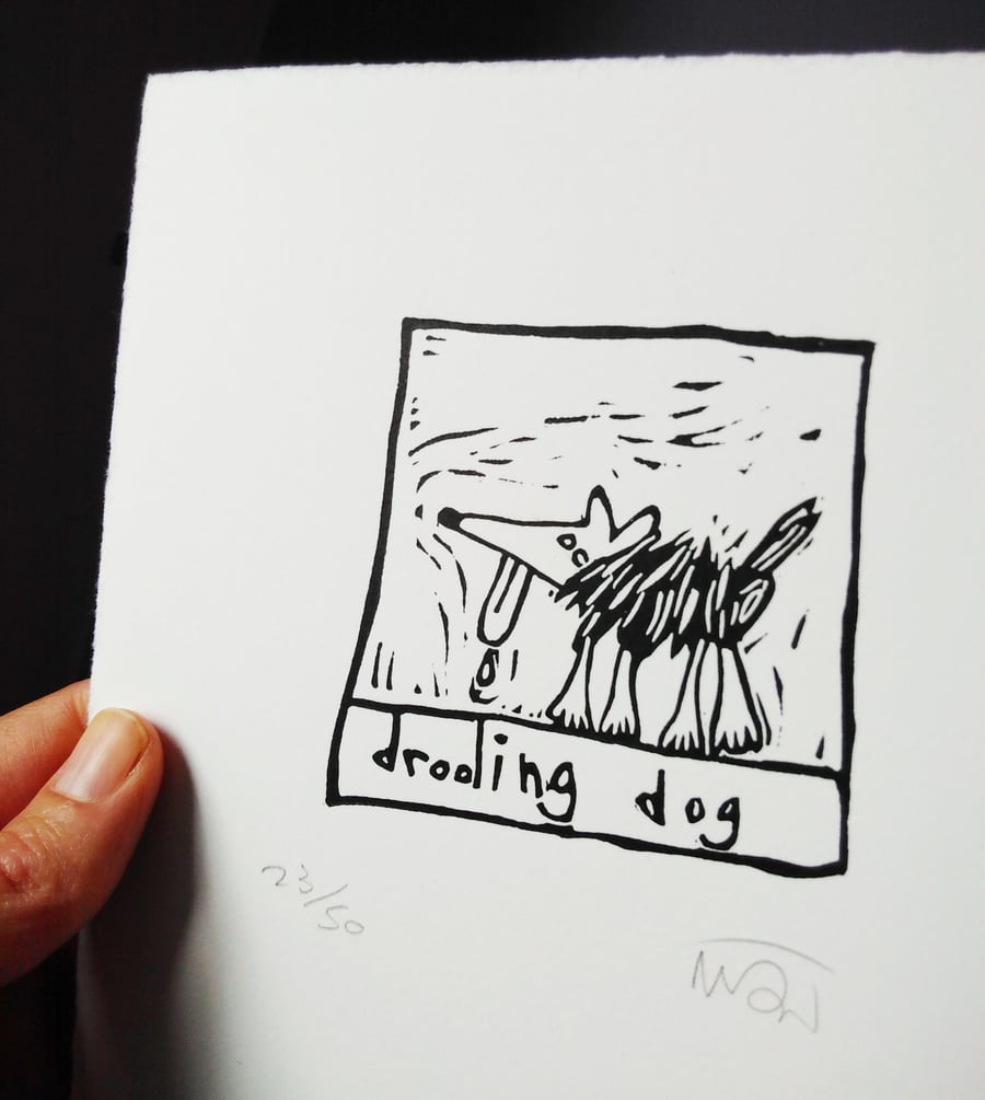 Drooling Dog, original lino print - dog art, dog print, dog pictures