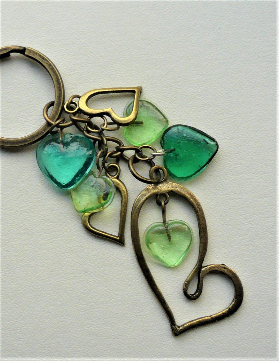 Keyring Bag Charm Antique Bronze Teal and Green Glass Heart    KCJ1877