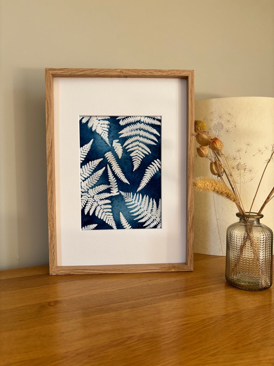 Mounted Fern Cyanotype Print, Handprinted Botancal Print