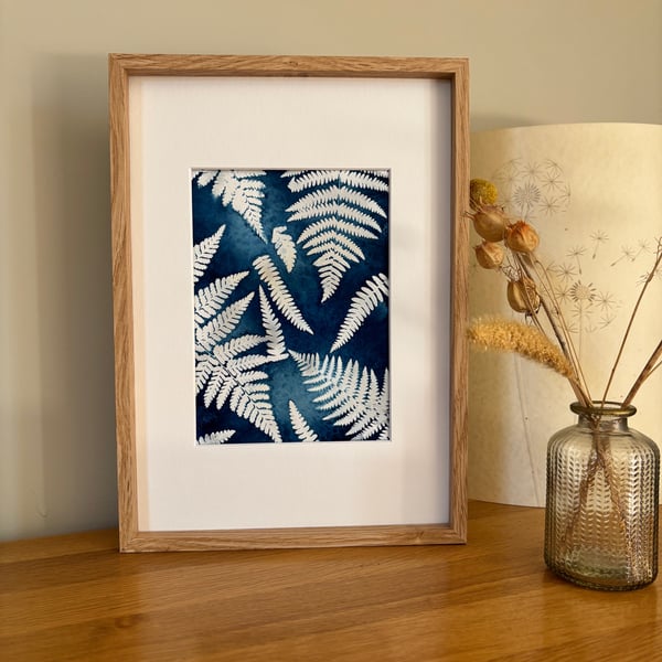 Mounted Fern Cyanotype Print, Handprinted Botancal Print