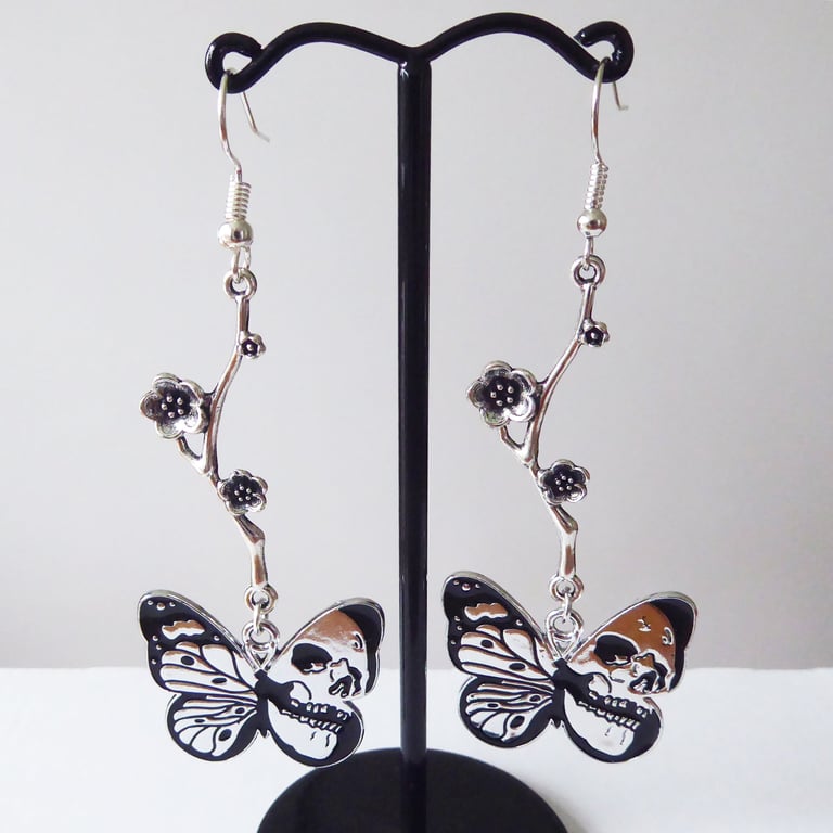 Flower Branch with Enamelled Butterfly Skull Earrings & silver plated ear wires