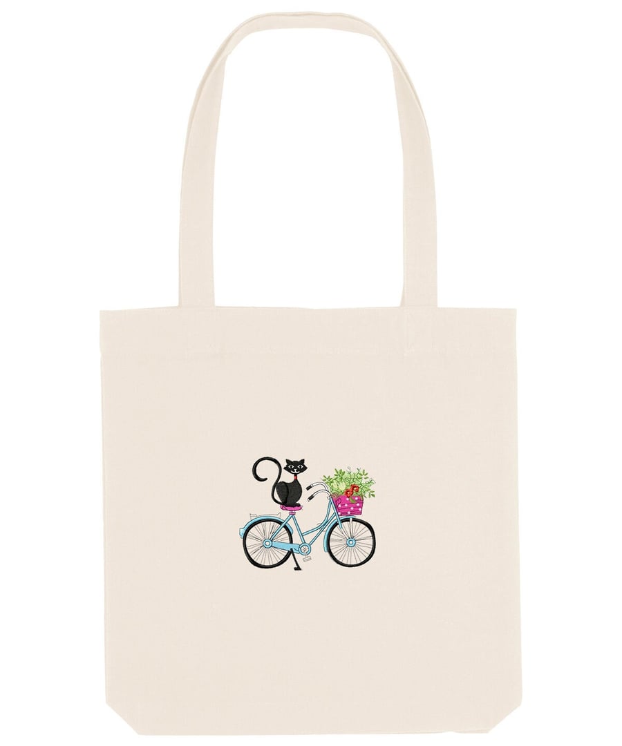 Organic Recycled Shopper Bag Embroidered with a detailed 'My Cat and My Bike'