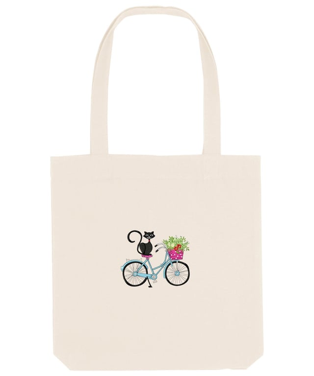 Organic Recycled Shopper Bag Embroidered with a detailed 'My Cat and My Bike'