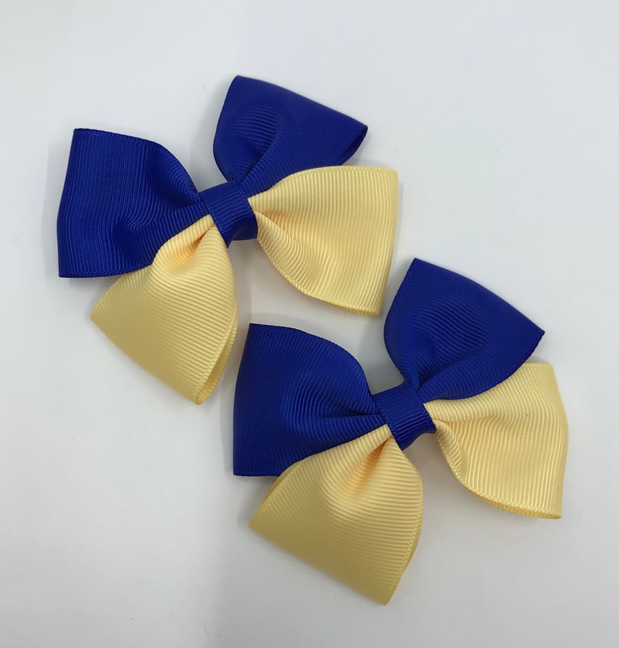 Cobalt Blue and Pale Yellow Two Tone Double with Bows on Clips (pair)