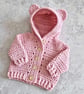 Pink Newborn Crochet Teddy Bear Cardigan with Hood – Handmade Gift - Image 2