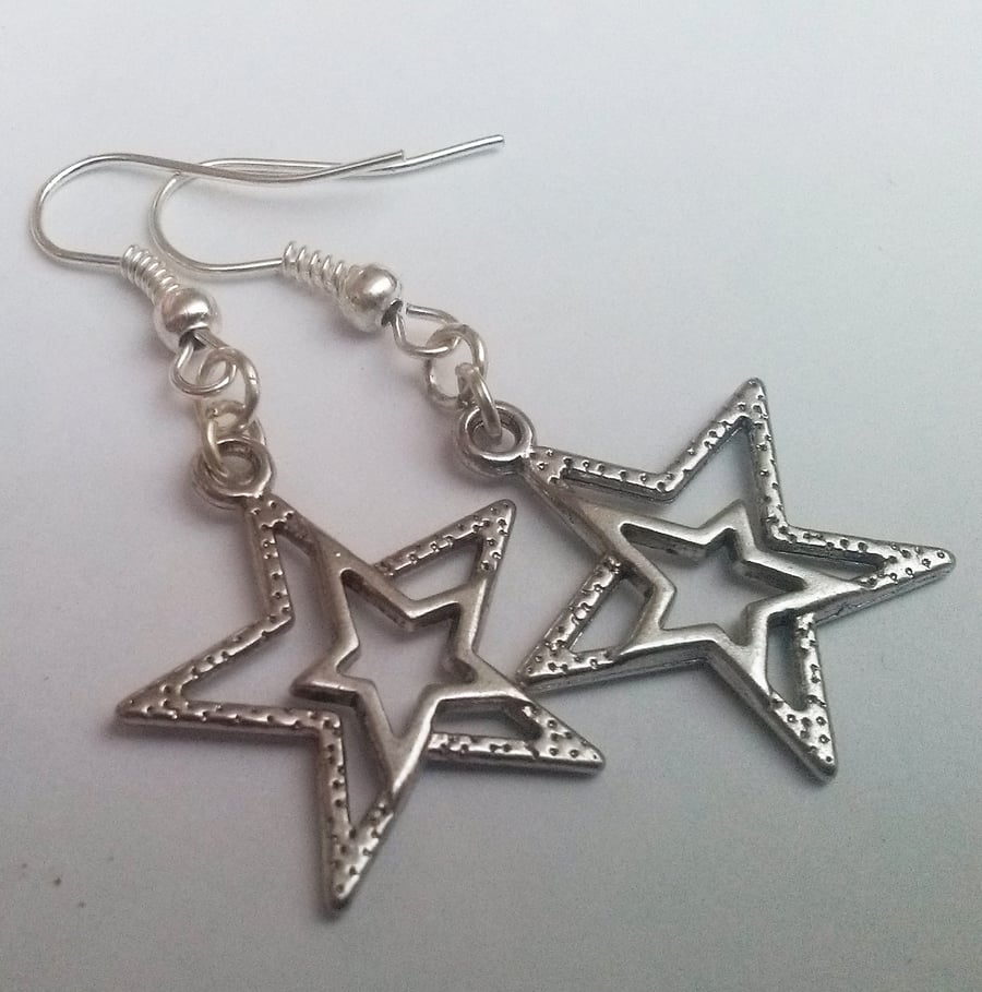 Silver Plate Star Drop Dangle Earrings