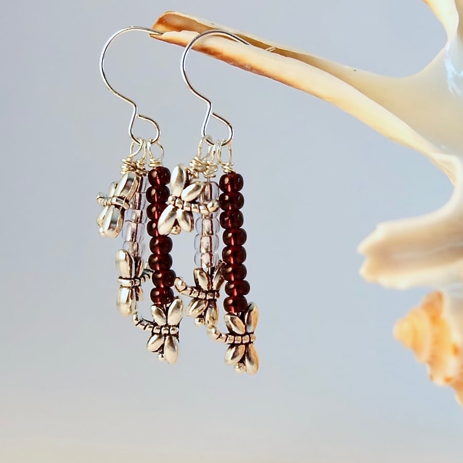 Dragonfly Earrings With Glass Seed Beads - Birthday, Anniversary, Gifts For Her