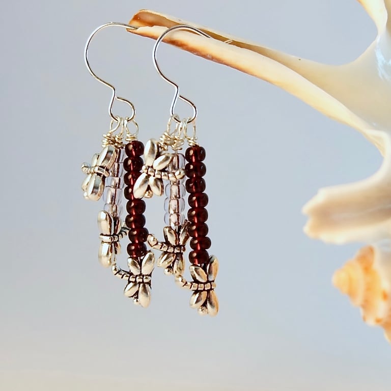 Dragonfly Earrings With Glass Seed Beads - Birthday, Anniversary, Gifts For Her