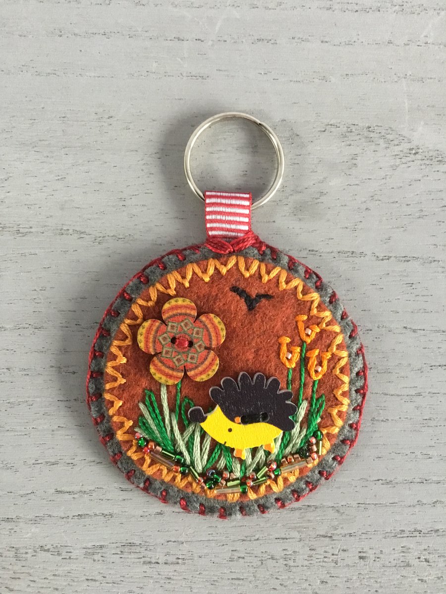 Embroidered Autumn Hedgehog Keyring
