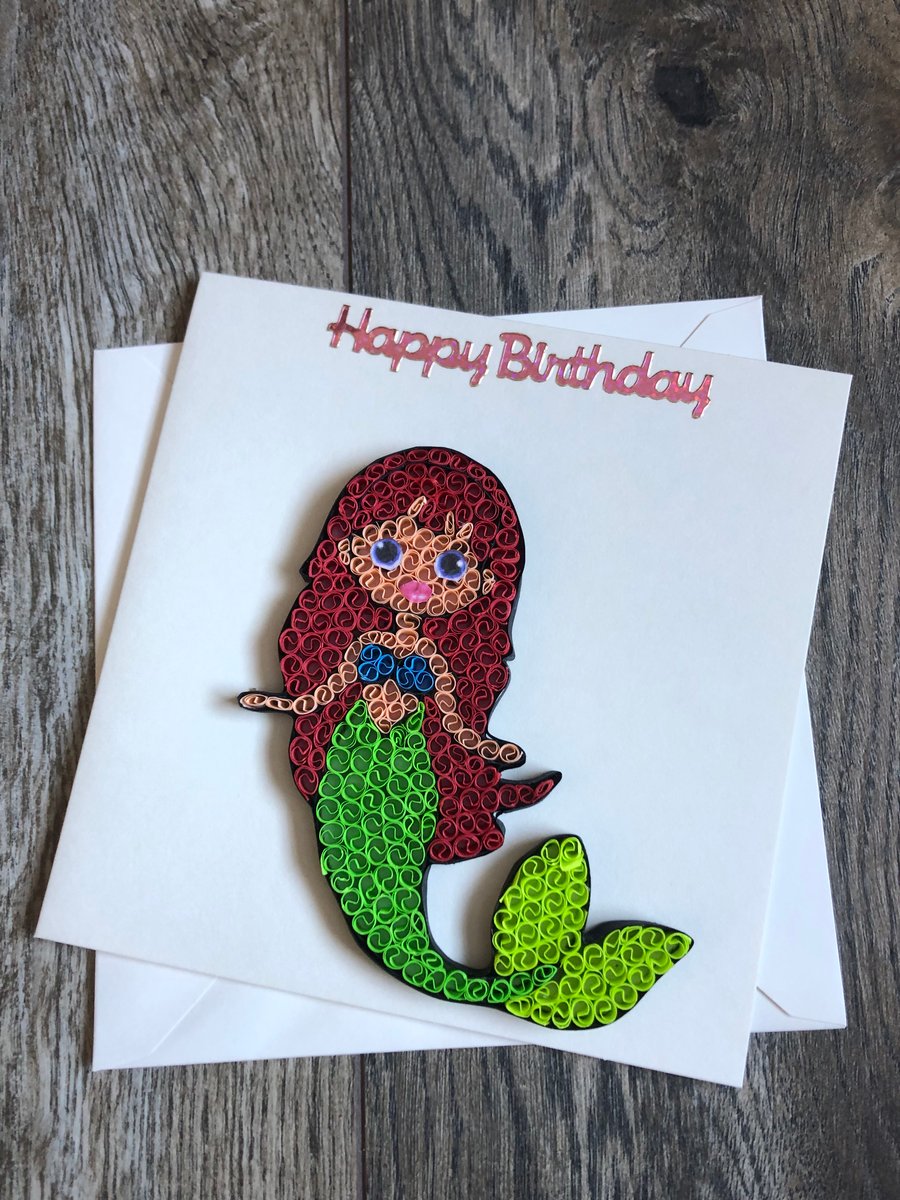 Handmade quilled mermaid happy birthday card