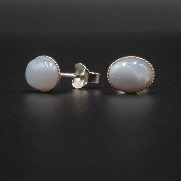 Blue lace agate sterling silver gemstone stud earrings, Gemini jewelry