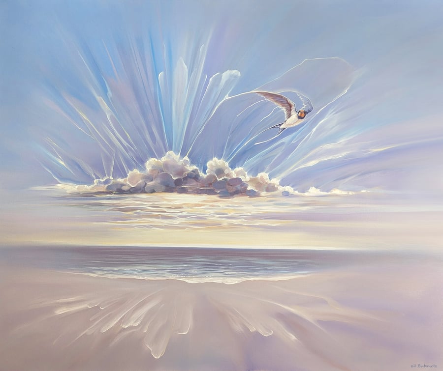 The First Swallow Arrives, a seascape painting with swallow