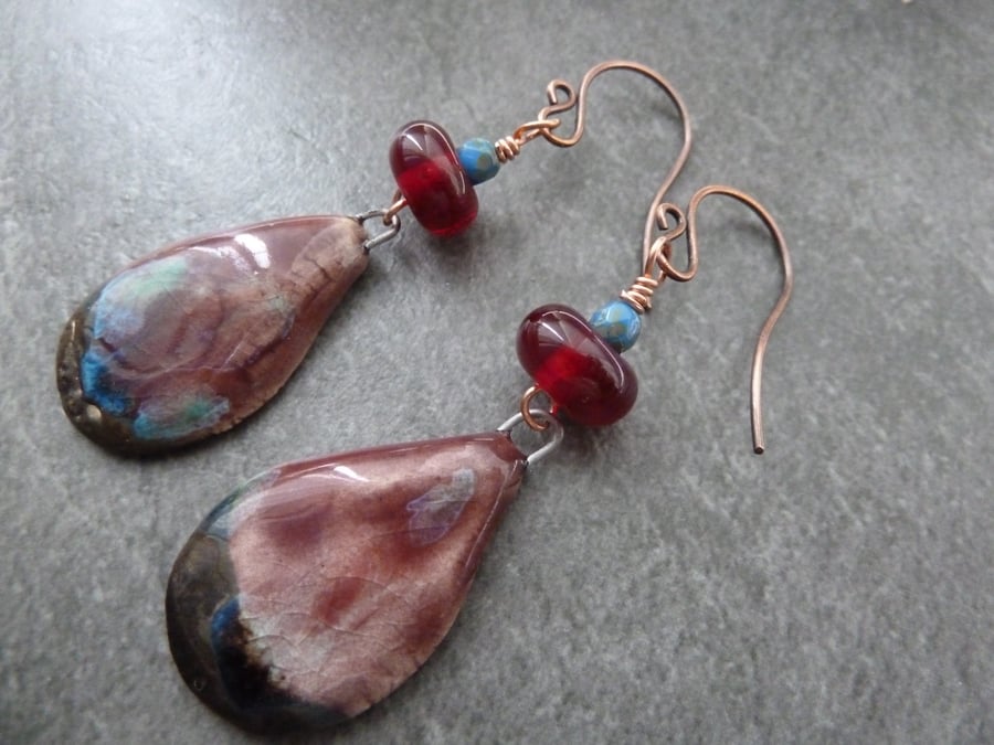 red and blue copper, lampwork and ceramic earrings