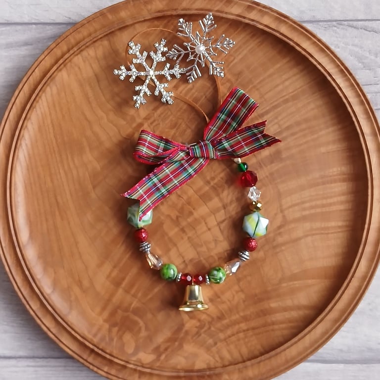 Beaded Ring Chirstmas Decoration with Bell & Tartan Bow