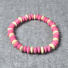 Pink and Cream Wooden Rondelle Elastic Bracelet