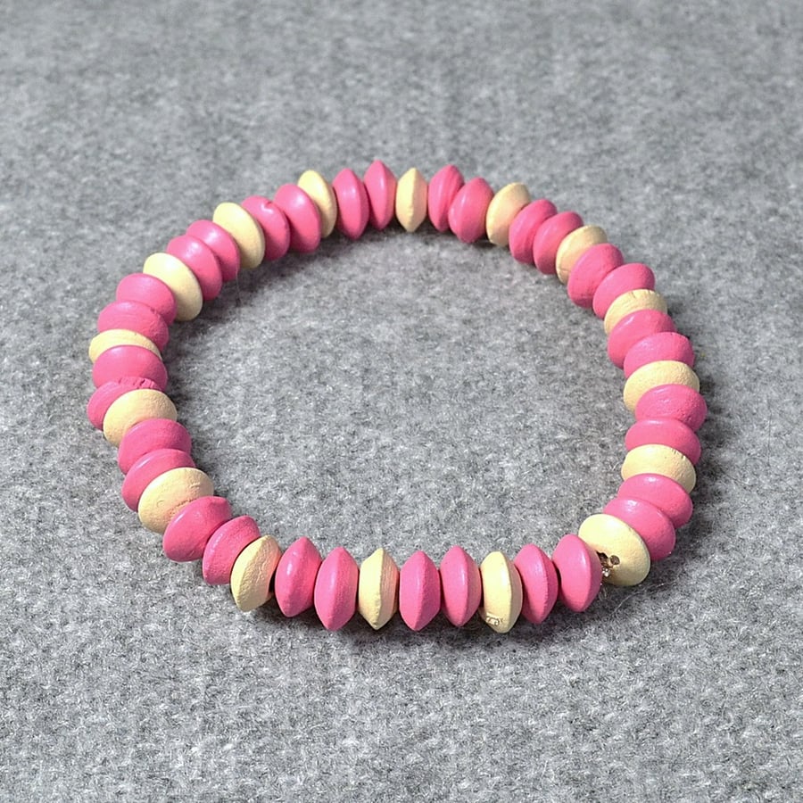 Pink and Cream Wooden Rondelle Elastic Bracelet