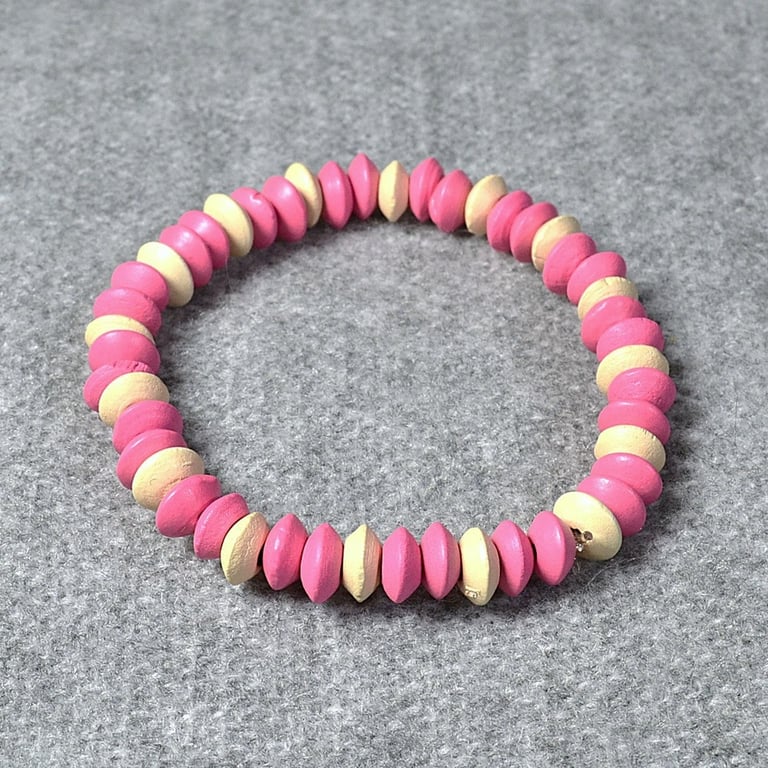Pink and Cream Wooden Rondelle Elastic Bracelet