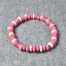 Pink and Cream Wooden Rondelle Elastic Bracelet