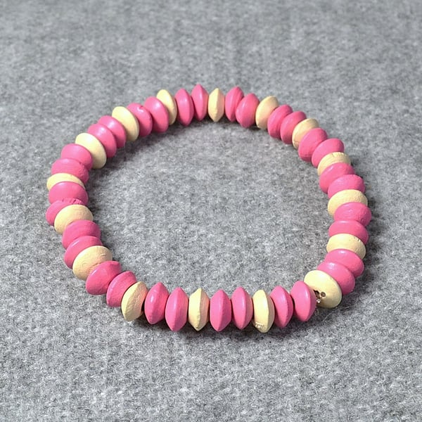 Pink and Cream Wooden Rondelle Elastic Bracelet