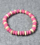 Pink and Cream Wooden Rondelle Elastic Bracelet