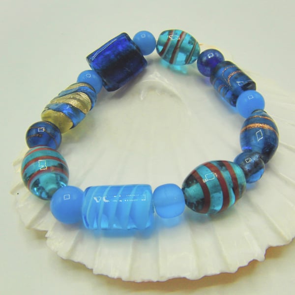 Blue Glass Lampwork Bead Stretch Bracelet, Blue Beaded Bracelet, Gift for Her