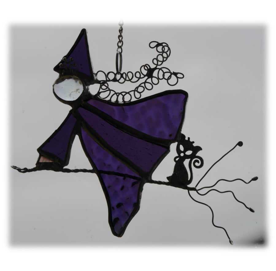 SOLD Witch on Broomstick Suncatcher Stained Glass 039 Purple