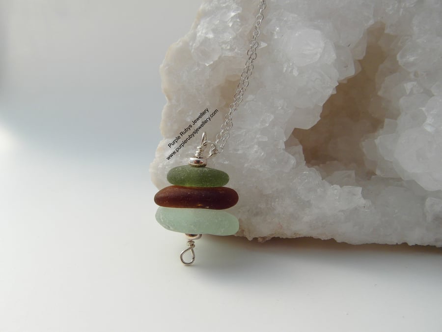 Cornish Sea Glass Stack in Green, Amber & Seafoam Necklace, Sterling Silver N415