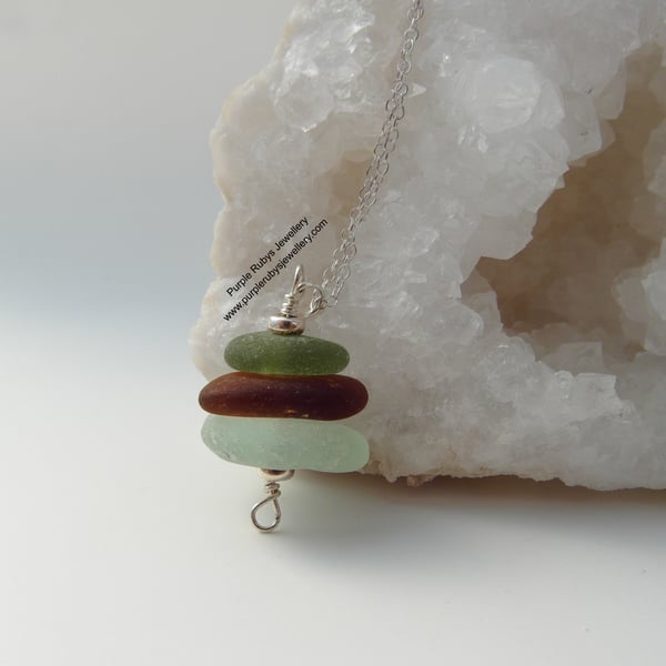 Cornish Sea Glass Stack in Green, Amber & Seafoam Necklace, Sterling Silver N415