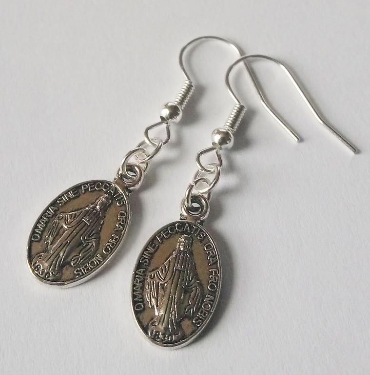 Silver Plate Virgin Mary Drop Dangle Earrings