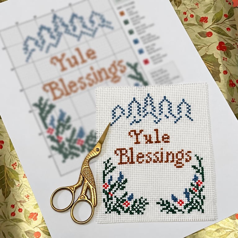 Simple Yule Blessings Christmas Card Charted Cross Stitch Pattern PDF Chart 
