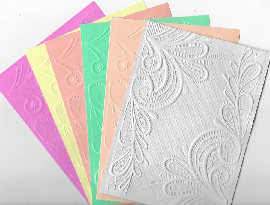 Embossed Card & Paper. 10 Sheets. 5"x7". Assorted Colours. Flourishes (23)