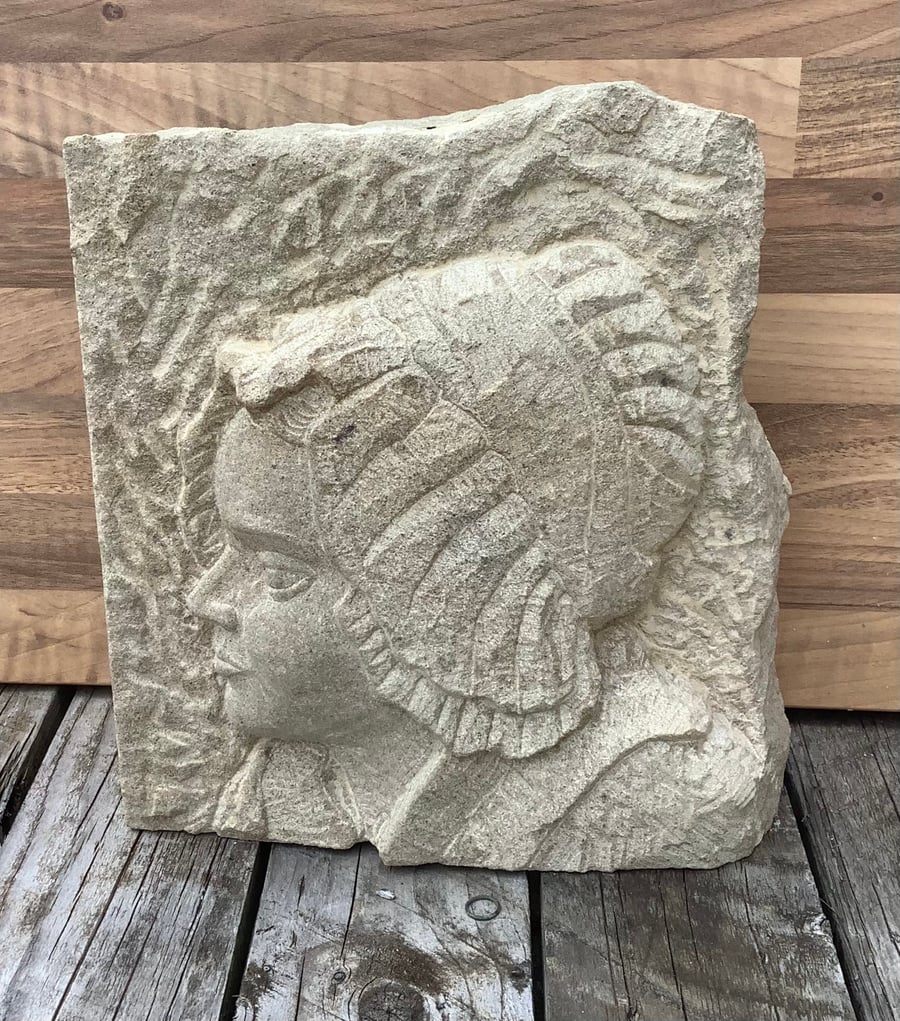 Stone Carving Portrait Girl with bonnet - Garden Outdoor Ornament Sculpture