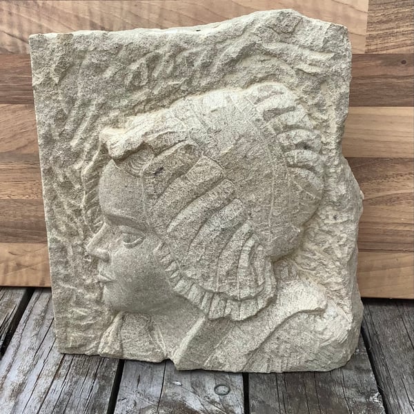 Stone Carving Portrait Girl with bonnet - Garden Outdoor Ornament Sculpture