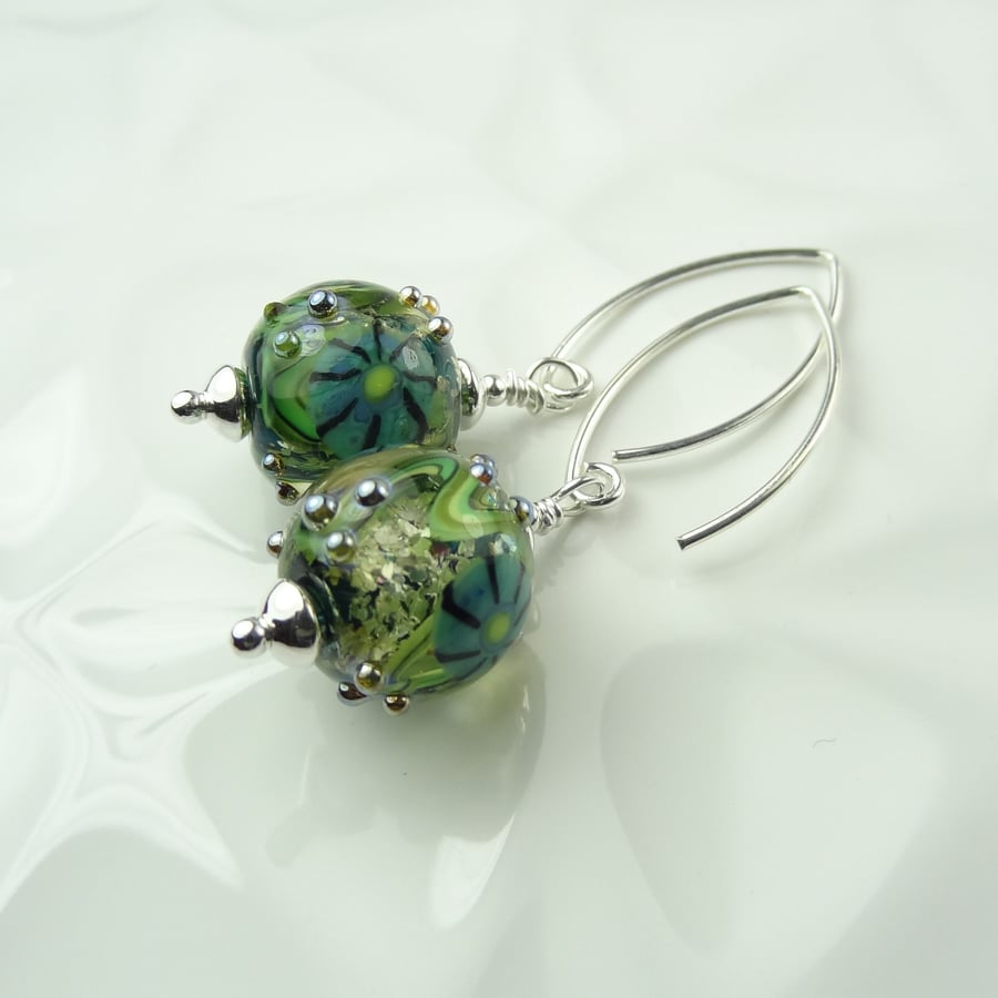 Green lampwork glass earrings, sterling silver, raised dots handcrafted Murrini