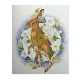 Original Watercolour Painting "Dancing in Moonflowers" Hare