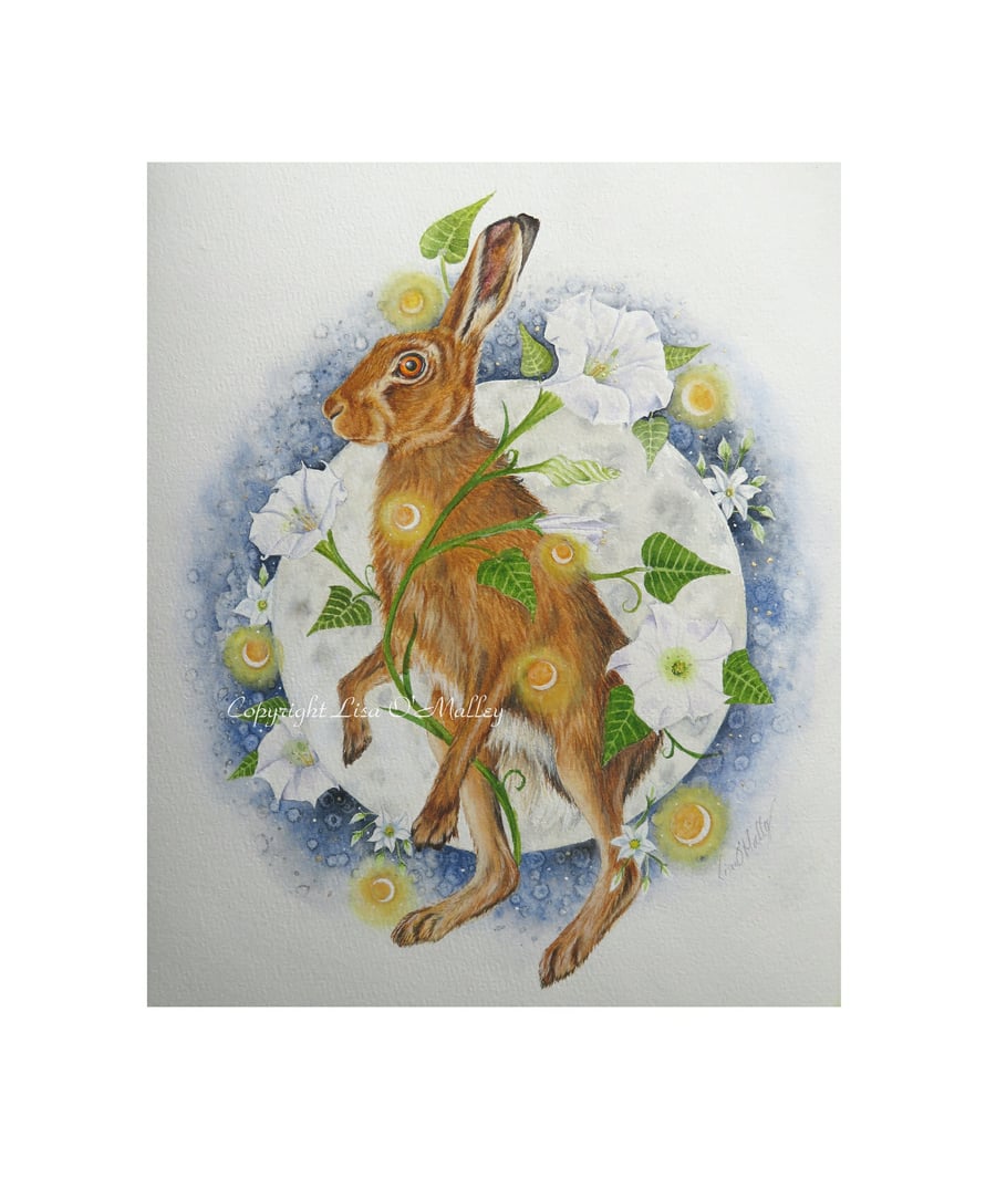 Original Watercolour Painting "Dancing in Moonflowers" Hare
